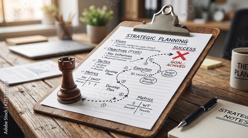 Strategic planning document on wooden desk with chess piece and success roadmap.