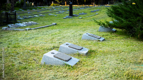 Three fallen grave markers on grassy cemetery slope with upright stone behind, daylight, weathered concrete, leaf litter, evergreen shrub, wrought iron fence, mature trees