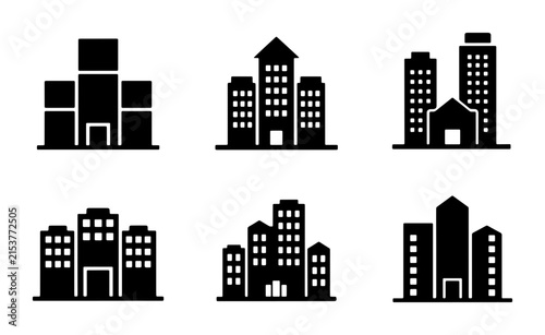 Modern Cityscape Icons, Urban Building Silhouettes, Corporate Architecture Graphics, Business District Vector Set