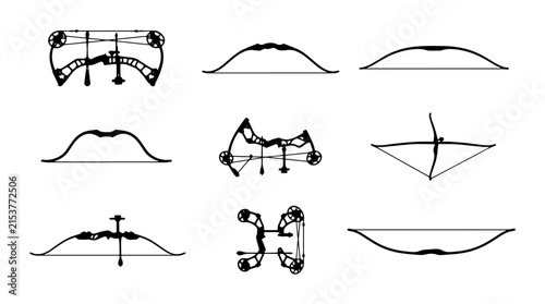 Archery Bow Collection: Compound, Recurve, Traditional Bows Vector Icons Set for Sport and Hunting