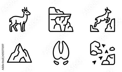 Mountain Wildlife Icons: Antelope, Cliff, Jumping Goat, Peak, Hoofprint, Rocks, Nature Vector Set