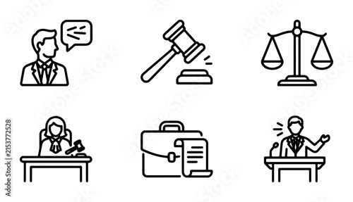 Law Icons Set: Justice Scales, Gavel, Judge, Lawyer, Briefcase, Courtroom Speech, Legal Symbols