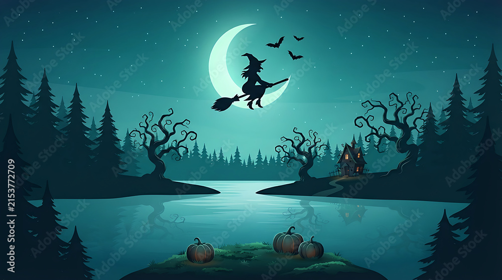 Naklejka premium Enchanting Halloween night with witch flying over lake near forest and haunted house for magical holiday ambiance.