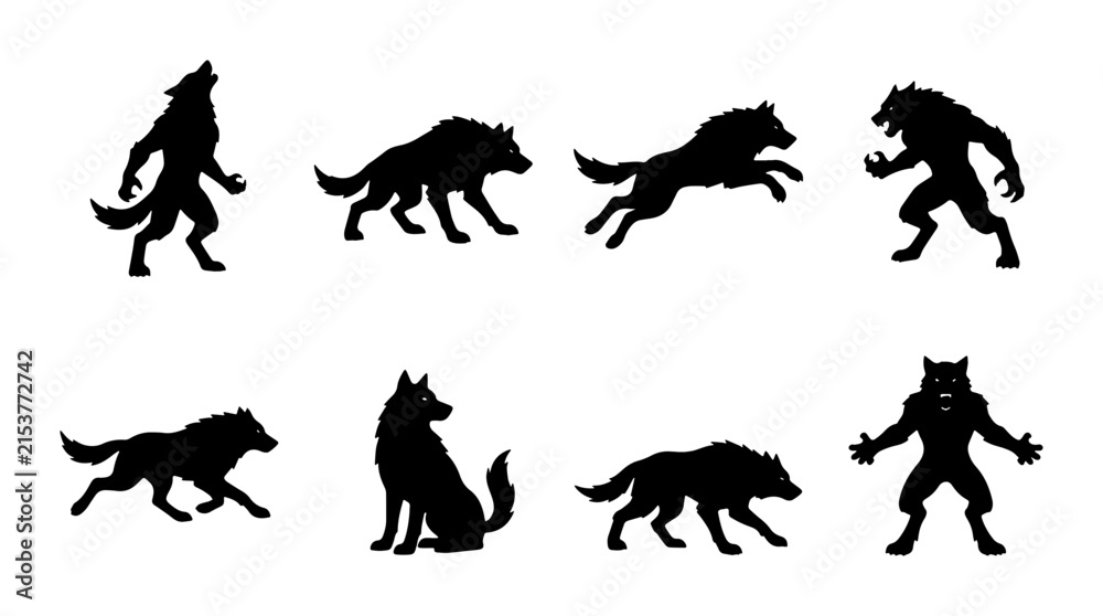 Obraz premium Werewolf Silhouettes Vector Set, Mythical Creature Poses, Dark Fantasy Animal Icons, Horror Halloween Graphic Elements