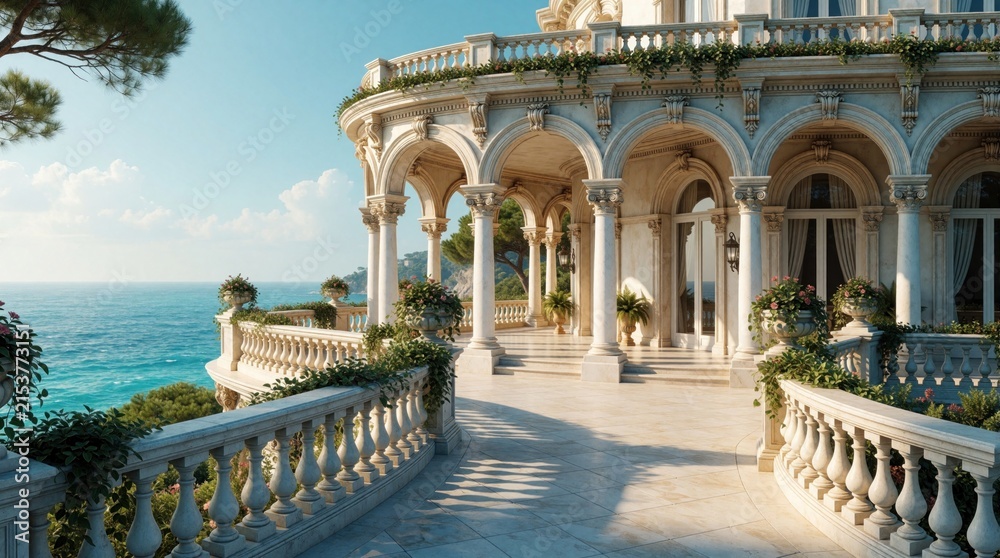 Obraz premium Luxury mansion balcony with marble columns, stone arches overlooks blue Mediterranean sea. Elegant villa terrace features white balustrade, green plants, flowers. High end real estate architecture