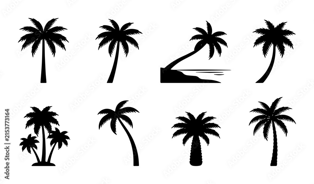 Fototapeta premium Silhouette Palm Tree Vector Icons Set: Tropical Island Beach Vacation Elements, Summer Holiday Graphics