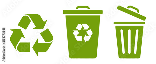 Recycle icons featuring ecology symbols, green leaves, waste containers, and packaging marks for environmental protection, sustainability, recycling, and eco-friendly design.