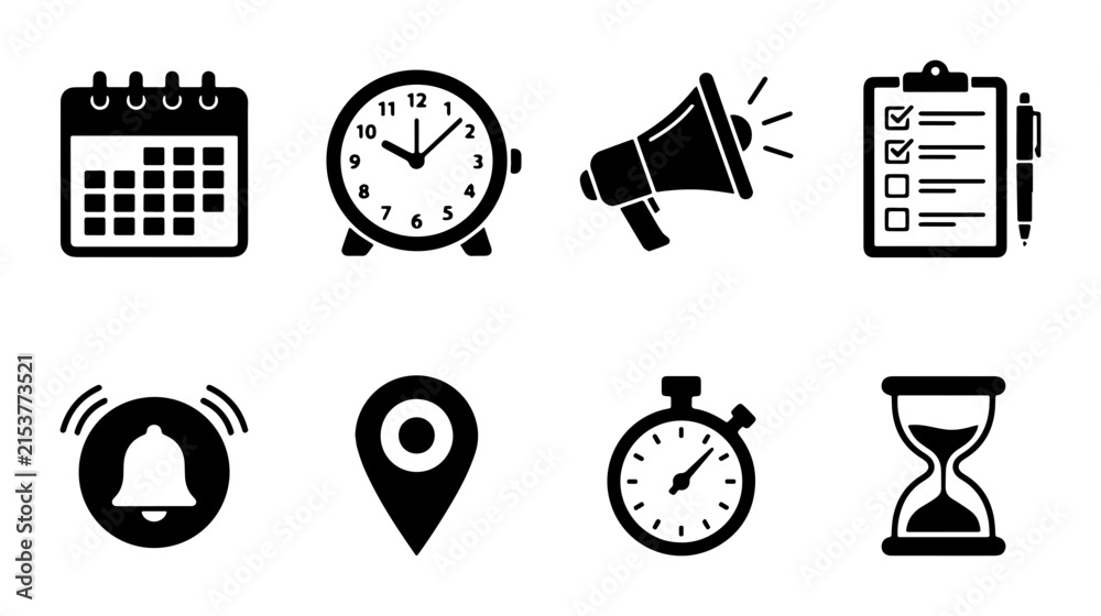 Fototapeta premium Time Management Icons: Calendar, Clock, Megaphone, Checklist, Alarm, Location, Stopwatch, Hourglass