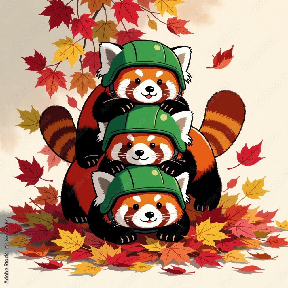 Naklejka premium Three red pandas wear green helmets stacked atop each other. Colorful autumn leaves surround the cute animals. Flat illustration style suits playful seasonal themes.