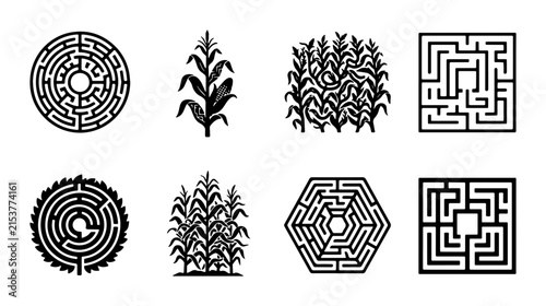 Canvastavla Corn Maze Vector Icons, Circular and Square Labyrinths, Agricultural Harvest Sym