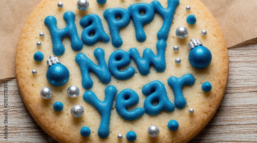 Obraz premium Decorated sugar cookie spells Happy New Year with blue icing and festive silver and blue sprinkles. Homemade festive treat for holiday celebration baking dessert.