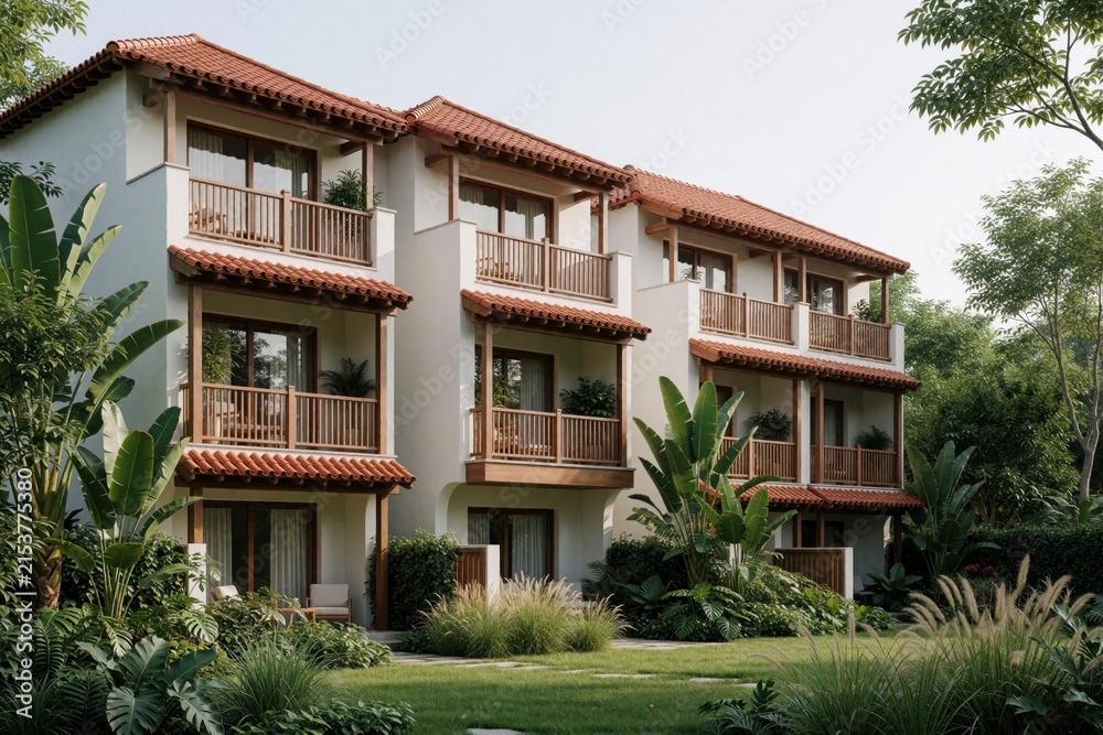 Fototapeta premium Modern three-story building styled like Mediterranean villas. Features white walls, red tile roofs, and wooden balconies rich with tropical plants and greenery surrounding it.