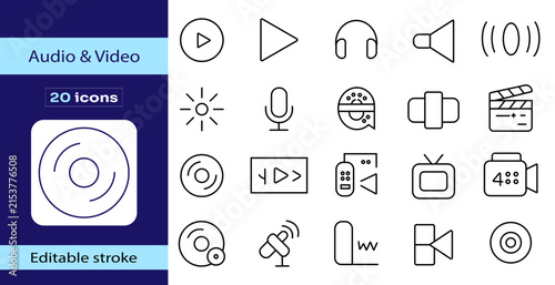 Audio and video editable stroke icon set with play, headphones, speaker, microphone, television, camera, recording, music and media symbols for digital entertainment.