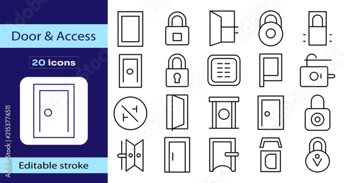 Door and access editable stroke icon set featuring entry doors, locks, keys, security, gates, handles, entrances and access control symbols for building protection.