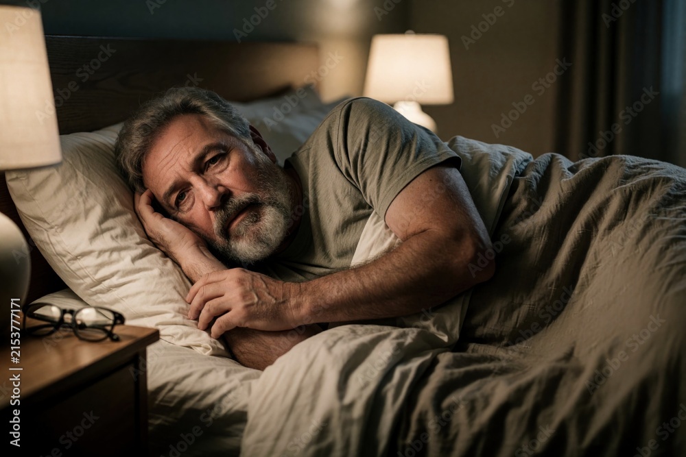 Fototapeta premium Middle aged man with grey beard lies awake in bed at night. Looks stressed, tired suffering from insomnia. Sad expression on face shows mental health struggle, exhaustion during sleepless night in