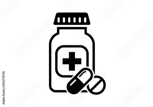 A expensive and important medicine bottle with two different pills icon silhouette medical health care symbol silhouette vector illustration