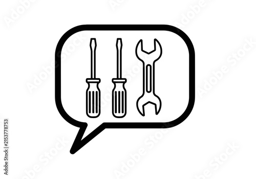 A simple yet important vector icon of a rounded speech bubble containing two perfect screwdrivers and a perfect wrench representing tools and repair