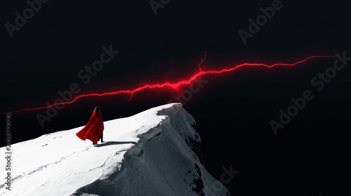 Red cloaked traveler looking at glowing red crack in dark sky from snowy mountain peak environment.