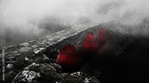 Stone bridge with arched passages and glowing red lights emerges from thick fog over dark water for mysterious fantasy settings.