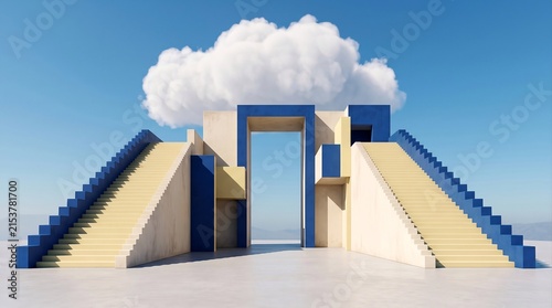 A minimalist 3D render of symmetrical blue and cream staircases rising to a floating doorway, set against a clear blue sky with a single soft cloud — a surreal, geometric architectural scene