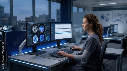Medical Professional Analyzing Brain Scans On Advanced Computer Systems