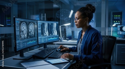 Medical Professional Analyzing Brain Scans on Advanced Computer Systems