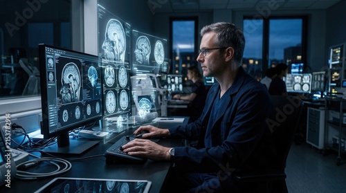 Medical Professional Analyzing Brain Scans On Advanced Futuristic Holographic Displays