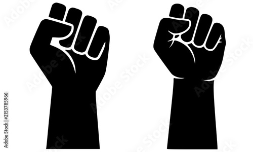 Two black silhouettes of raised clenched fists in filled and highlight styles, bold vector icons representing power, resistance, and solidarity perfect for activism, social justice, and empowerment de