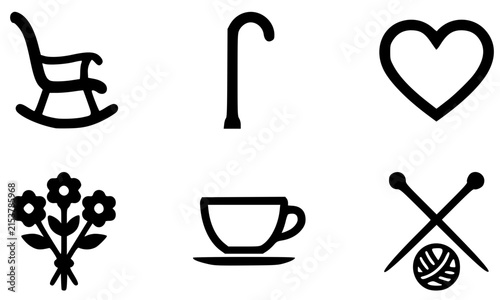 Set of six black outline icons representing elderly retirement lifestyle including rocking chair, cane, heart, flowers, teacup, and knitting, a vector collection perfect for senior care and grandparen
