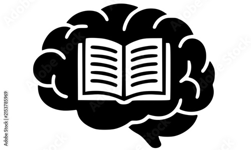 Black silhouette of a human brain with an open book at its center, a bold vector icon representing knowledge, intelligence, and learning perfect for education, psychology, and academic design projects