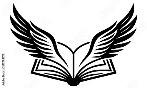 Black outline illustration of an open book with wings spread wide, an elegant vector logo symbol representing imagination and knowledge perfect for libraries, publishing, and educational branding desi