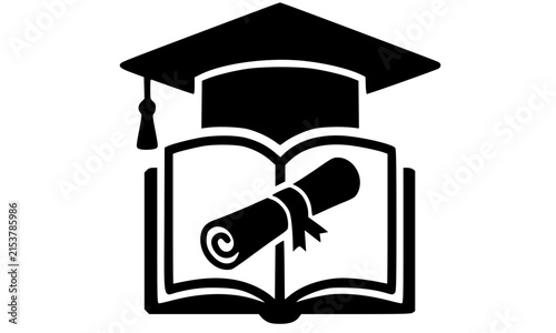 Black silhouette of an open book with graduation cap on top and diploma scroll at center, a bold vector icon representing education and academic achievement perfect for school and university design
