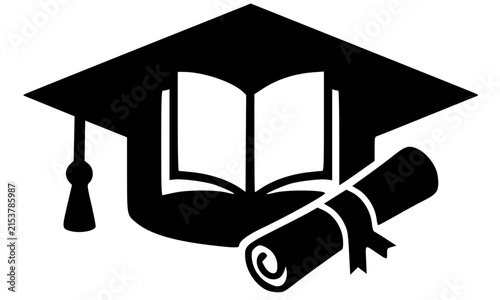 Black silhouette of a graduation cap with open book and diploma scroll, a bold vector icon representing academic achievement perfect for school, university, graduation, and educational design projects