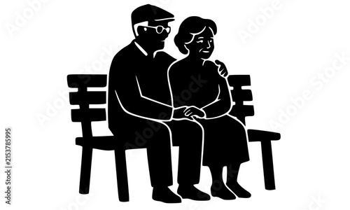 Black silhouette of a loving elderly couple sitting together on a bench holding hands, a heartwarming bold vector icon perfect for healthcare, retirement, family, and relationship themed design projec