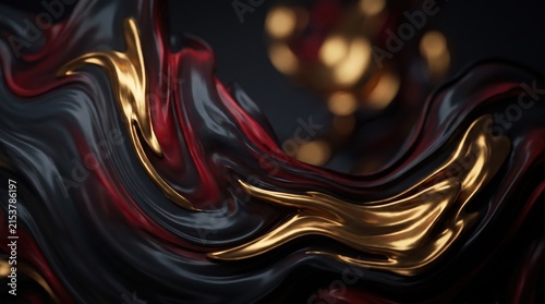 Abstract gold flowing through red and black cloth creating elegant wave designs.