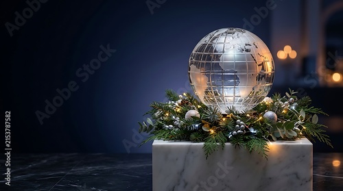 Glass Globe with Christmas Garland and Lights on Marble Pedestal