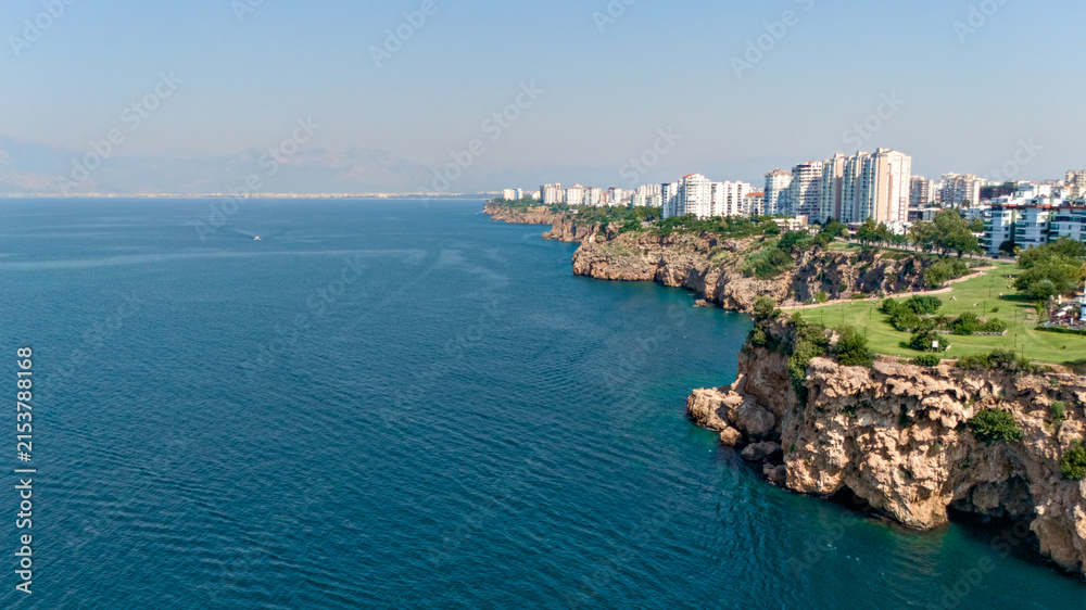 Naklejka premium Aerial view of rocky Mediterranean coastline in Antalya, Turkey
