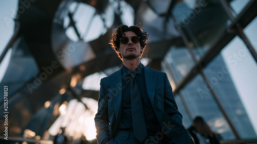Confident Businessman in Suit Standing Near Modern Architecture