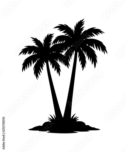 Two black palm trees with long leaves on a flat ground illustration