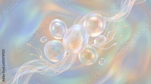 Abstract ethereal iridescent pearls and flowing ribbons on a soft gradient background.