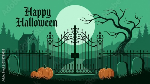 Spooky halloween background featuring a graveyard with iron gates pumpkins and a large full moon in green