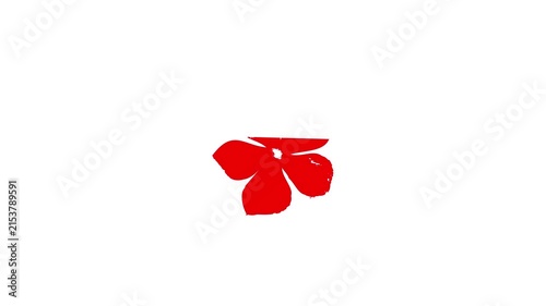 Red abstract flower shape painted on a clean white background with lots of copy space, simple bold design, minimal art style