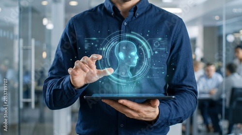 Corporate digital innovation concept with artificial intelligence hologram and interactive tablet technology