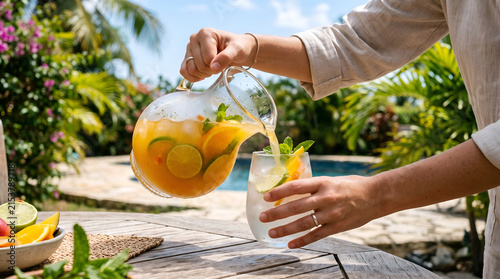 Pouring refreshing citrus and mint infused drink on a sunny tropical day