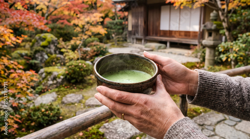 Person holding a bowl of matcha tea in a Japanese garden during autumn