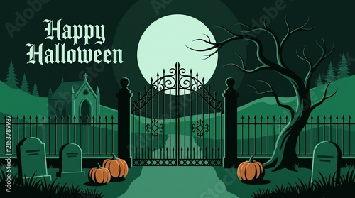Spooky halloween night background with a full moon iron gate graveyard tombstones and glowing orange pumpkins