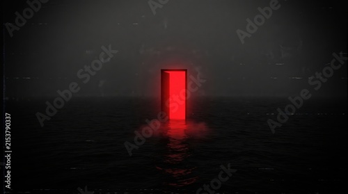 Red glowing door stands in dark water, mysterious, ominous portal to another dimension.