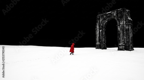 Small figure in red cape walks toward ancient stone archway in vast white snowy landscape.