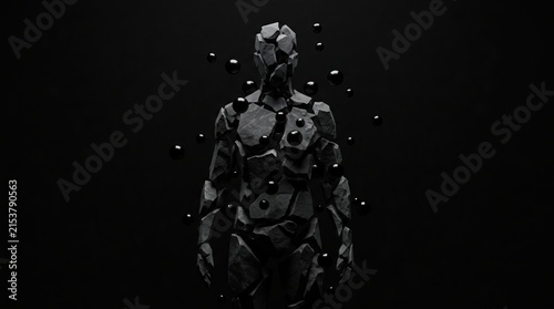 Fragmented stone person silhouette surrounded by dark glossy spheres in black atmosphere.