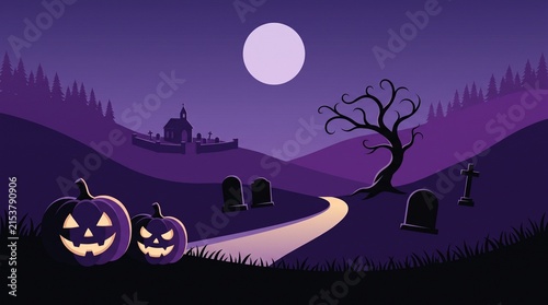 Pixel art style halloween landscape featuring glowing jack o lanterns on a path under a full moon